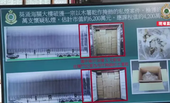 X光影像顯示，匪徒以木薯作掩飾，暗藏大批私煙。(香港海關FB影片截圖)