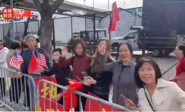 華僑手持國旗，歡迎國家主席習近平到來。央視影片截圖