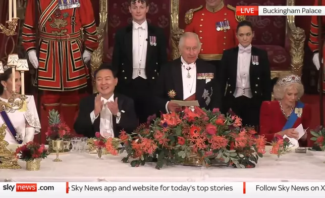 英國國王查理斯三世舉辦國宴招待南韓總統尹錫悅（影片截圖）