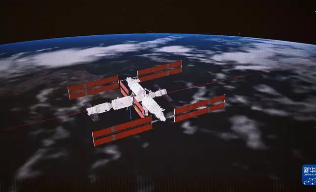 成功對接後的神舟十八號載人飛船和空間站組合體的模擬畫面。(新華社圖片)