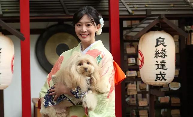 桃園神社有人同狗的和服出租服務。
