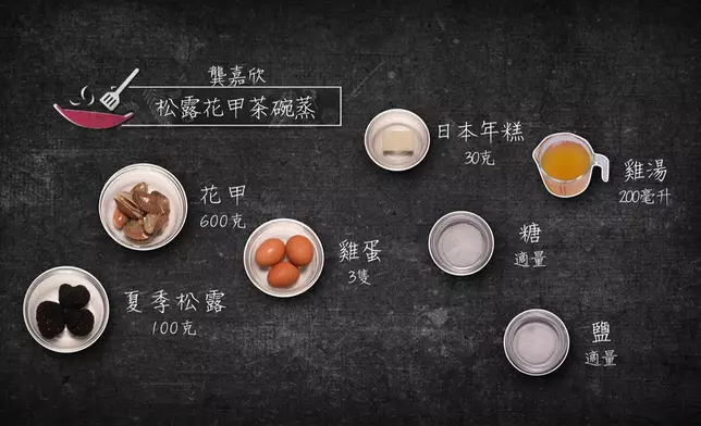 嘉欣嘅Solo參賽作品係「松露花甲茶碗蒸」。