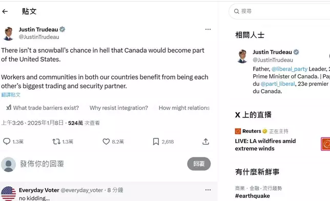 加拿大總理杜魯多在X上發文稱，加拿大成為美國一部分的可能，微乎其微。X截圖