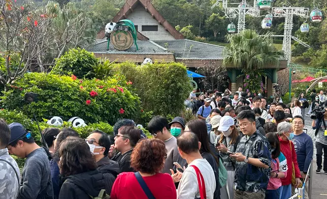 市民依指示在熊貓館外排隊。(巴士的報記者攝)