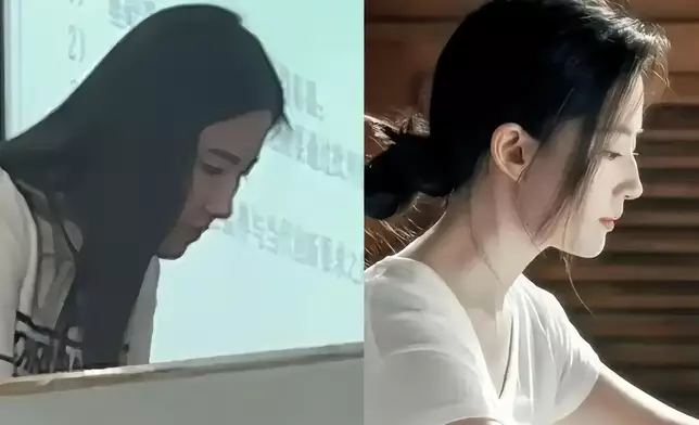 左圖為苑萌萌上課時被拍下的側臉，與右圖劉亦菲相似（圖片取自微博）。