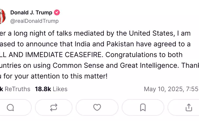 特朗普在社交媒體貼文公布消息。Donald J. Trump Truth Social圖片