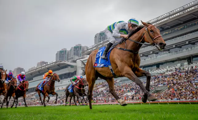 「遨遊氣泡」（1號）在騎師麥道朗胯下在沙田馬場勝出一級賽渣打冠軍暨遮打盃。香港賽馬會圖片