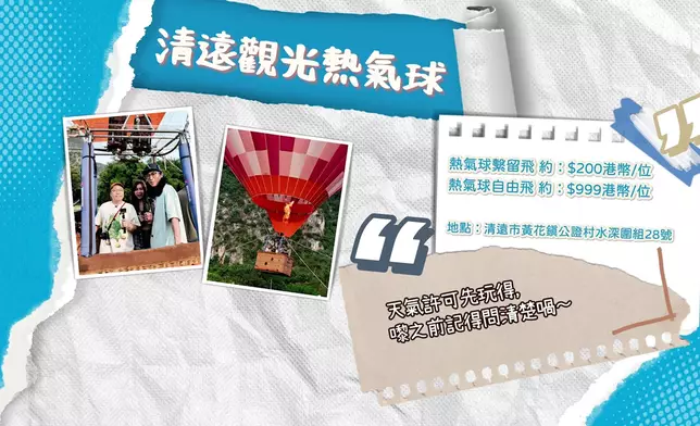 三人試玩高度較低的「有繩」熱氣球。