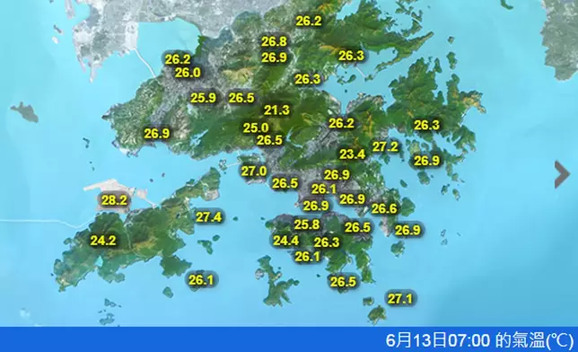 早上7時香港各區氣溫。天文台網頁圖片。