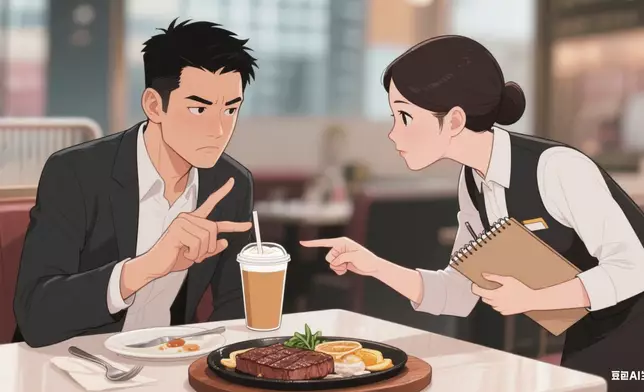 港男向女侍應反映，對方換了重新沖的凍奶茶給他，但是同樣難喝。AI生成圖片