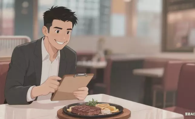 港男在Threads分享於旺角一間西餐廳叫了一客牛扒餐，並點了凍奶茶。AI生成圖片