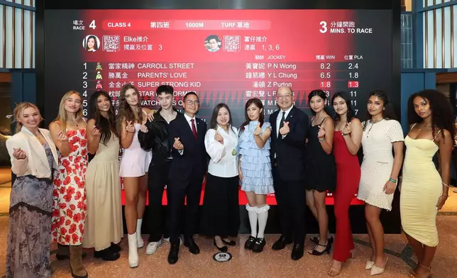 一眾Now United 成員與香港特區政府文化體育及旅遊局局長羅淑佩（中）、香港賽馬會客戶策略、體驗及創新事務執行總監侯德洋(左六）、香港賽馬會公司事務執行總監譚志源（右五）合照。