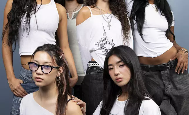 KATSEYE六人團隊合照：Manon Bannerman（後排左起）、Yoonchae、Daniela Avanzini及Lara Raj（前排左起）、Megan Skiendiel與Sophia Laforteza。Invision/AP圖片