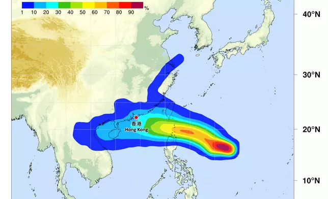 熱帶氣旋樺加沙路徑概率預報。天文台圖片