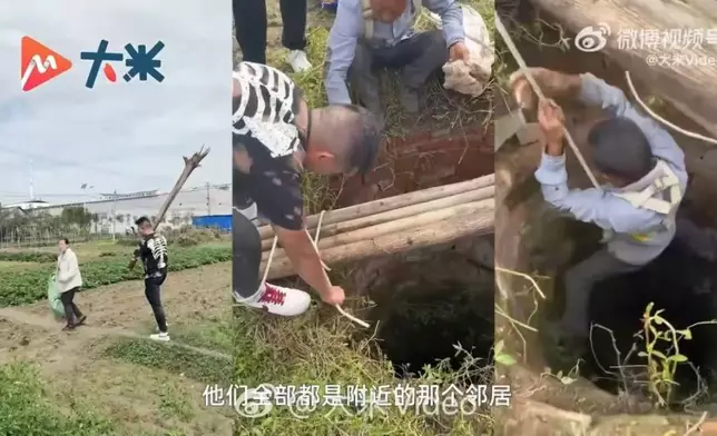 6旬翁腰綁繩索下10米深枯井救出2隻受困狗狗。影片截圖