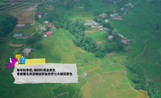 三人登頂眺望越南梯田景色。