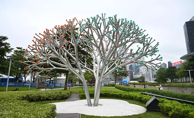 《光.花.聚》設置於中西區海濱長廊(中環段)。作品呈現三根「同根」生長的不銹鋼主幹，象徵粵港澳攜手共榮，並以代表廣東省的木棉花、香港特區的洋紫荊和澳門特區的蓮花，展現粵港澳三地的緊密連繫