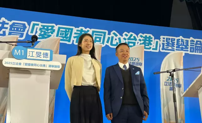 立法會功能組別旅遊界1號候選人江旻憓(左)、2號候選人馬軼超(右)出席選舉論壇。巴士的報記者攝