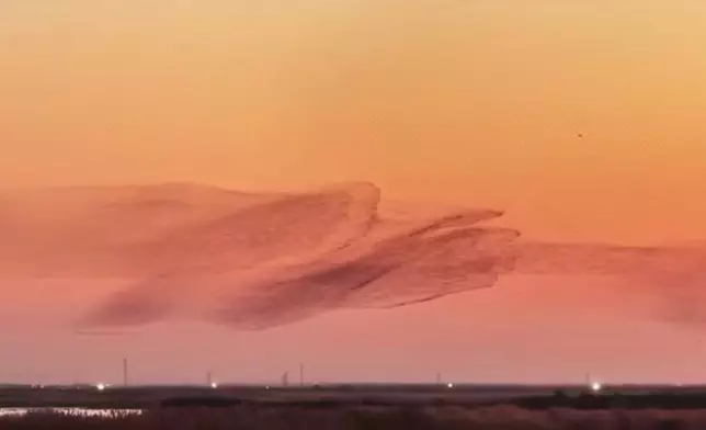 山東候鳥在夕陽下時而變化成巨鯨，時而化身為大鵬震撼全網。影片截圖