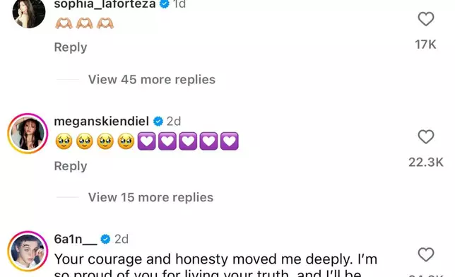 KATSEYE成員Megan、隊長Sophia，以及韓國男團JUSTB成員BAIN留言支持Cocona。IG截圖