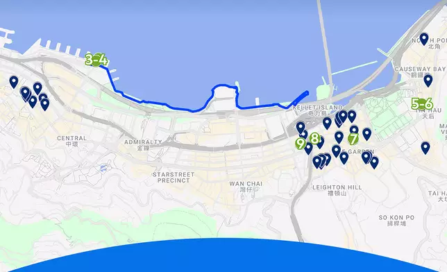 參與「助小店 撐跑手」計劃的食肆，當中不乏位於不同的熱門練跑路線附近，例如中環至灣仔海濱、尖沙咀鐘樓至觀塘海濱，以及將軍澳南海濱長廊等，讓跑手可於賽前品嚐小店特色美食補充能量，成為跑手訓練期間的最強後盾。(地圖中標示的編號代表10間「助小店 撐跑手」計劃特色小店的位置，詳情請參閱附件)