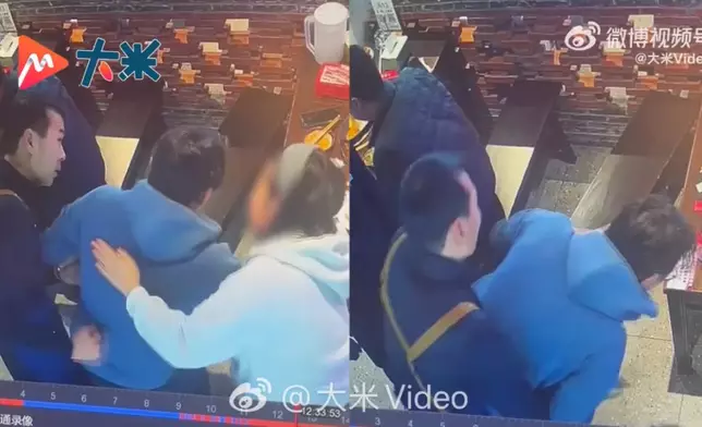 食客遭食物卡喉險窒息，火鍋店店長施「海姆立克法」10秒救命。影片截圖