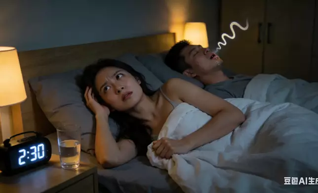 打鼻鼾人士因大腦自動將聲音當「背景音」忽略導致會吵醒人卻吵唔醒自己。AI生成圖片