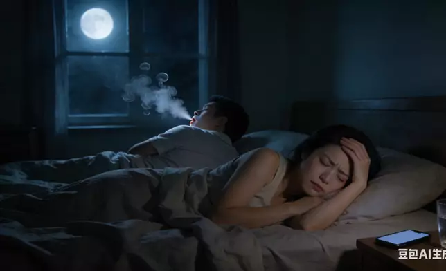 打鼻鼾人士因大腦自動將聲音當「背景音」忽略導致會吵醒人卻吵唔醒自己。AI生成圖片