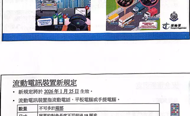 新規定下，司機駕駛時在座位前方車廂空間放置、可見屏幕的流動電訊裝置將受規管
