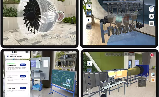 平台提供不同類型虛擬實驗，包括（上排左及右）飛行器及汽車引擎測試、（下排左）利用文丘里流量計測量氣體流量，以及（下排右）研究飛行器氣動力學的風洞測試。