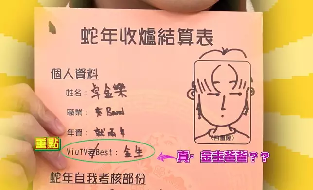 Kim在填寫「ViuTV老Best」時寫上「金生」，眾人都直指大膽。
