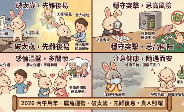 屬兔的朋友迎來「破太歲」之年，不過今年亦有「天德」、「福星」兩大貴人星坐鎮，屬於「先難後易」的年份。AI生成圖