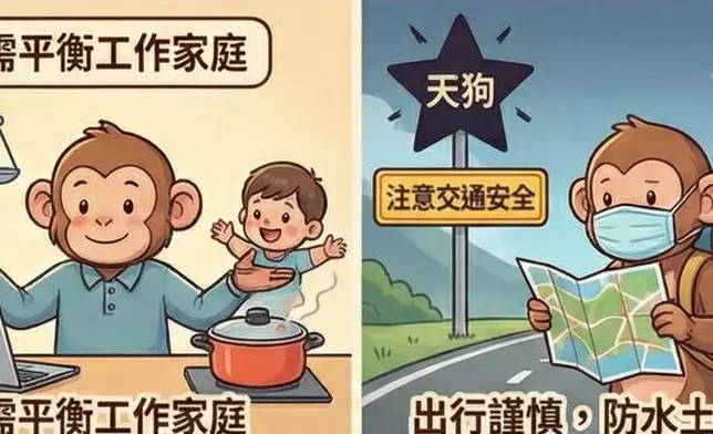 屬猴的朋友受凶星「天狗」影響，在外出行需特別注意交通安全與水土不服，避免參與高危險活動。事業上若能主動爭取外地業務，將會有意想不到的收穫，切忌死守原地。AI生成圖