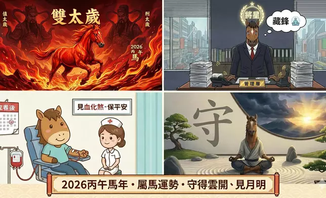 今年對於屬馬的朋友來講，今年是「雙太歲」之年：「本命年犯太歲，無喜必有禍」。AI生成圖