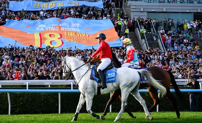 潘頓策騎的「嘉應高昇」取得18連捷後，向大批支持者揮手致意。香港賽馬會圖片