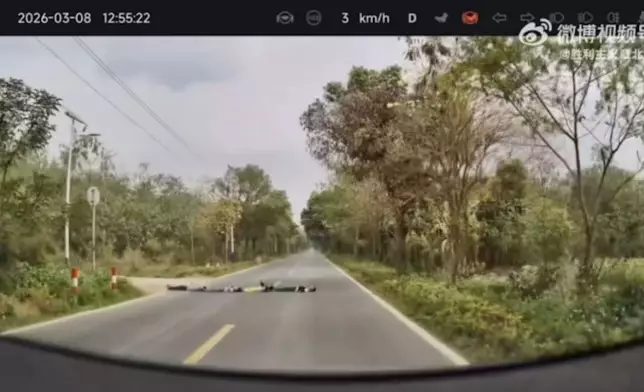 司機駕車見4孩童並排躺馬路中央扮減速壆。影片截圖