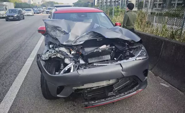 青朗公路有私家車撞牛，車頭嚴重損毀。有線新聞圖片