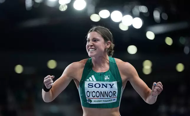 愛爾蘭選手奧康納（Kate O'Connor）在2026年3月22日，周日，波蘭托倫舉行的世界室內田徑錦標賽五項全能鉛球項目中，完成一次嘗試後作出反應。（美聯社圖片/Matthias Schrader） AP圖片