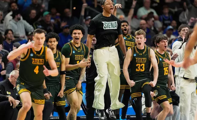 2026年3月19日周四，在南卡羅來納州格林維爾舉行的NCAA大學籃球錦標賽首圈賽事中，錫耶納大學在下半場對陣杜克大學得分後慶祝。(美聯社圖片/Chris Carlson) AP圖片