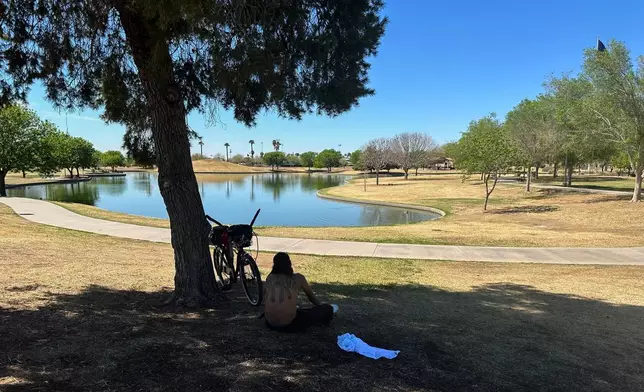 資料圖片：一名男子於2025年3月25日在鳳凰城史蒂爾印第安學校公園（Steele Indian School Park）的樹蔭下休息。(美聯社圖片/Terry Tang) AP圖片