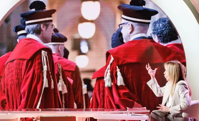 意大利總理梅洛尼在意大利國家電視台節目《五分鐘》（Cinque minuti）中，談論即將舉行的司法改革公投。圖為2026年3月20日，羅馬。（Roberto Monaldo /LaPresse via AP圖片） AP圖片