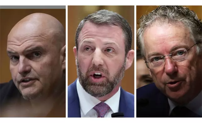 檔案圖片：這張照片組合顯示，左起為賓夕法尼亞州民主黨參議員約翰·費特曼，攝於2026年3月18日華盛頓；俄克拉荷馬州共和黨參議員馬克韋恩·穆林，攝於2026年3月18日華盛頓國會山；以及肯塔基州共和黨參議員蘭德·保羅，攝於2026年2月12日華盛頓國會山。(美聯社圖片/Manuel Balce Ceneta, Tom Brenner, 檔案) AP圖片