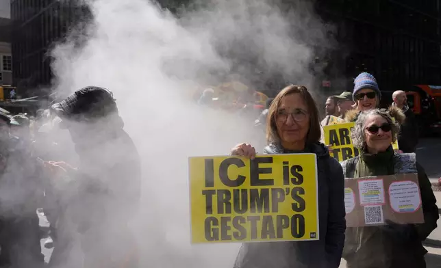 2026年3月28日周六，民眾在紐約的「無王」示威活動中舉起標語。(美聯社圖片/Adam Gray) AP圖片