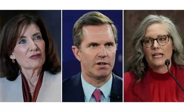 這張組合照片顯示，左起為2025年10月21日在紐約的紐約州州長霍楚；2026年1月21日在瑞士達沃斯的肯塔基州州長貝希爾；以及2026年1月12日在鳳凰城的亞利桑那州州長霍布斯。(美聯社圖片/Seth Wenig, Markus Schreiber, Ross D. Franklin) AP圖片