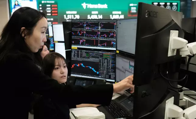 交易員於2026年4月6日周一在南韓首爾韓亞銀行（Hana Bank）總部外匯交易室監察顯示器。(美聯社圖片/Ahn Young-joon) AP圖片