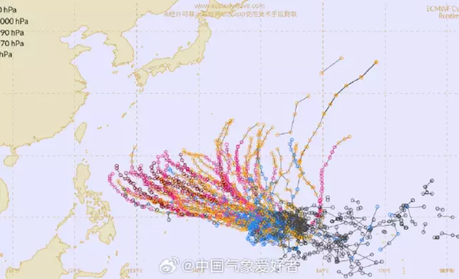 路徑上預計會以拋物線方式轉向，但具體轉向位置仍有極大分歧，誤差範圍較廣。微博圖片