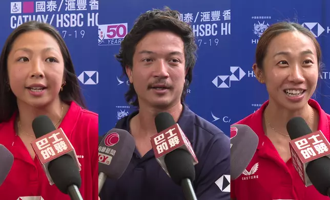 中國香港七欖男女子代表成員對這次「賽馬 × 欖球」雙重盛事感到振奮。左起為女子隊隊長陳穎、男子隊隊長之一蔡紀駿以及女子隊成員莊嘉欣。