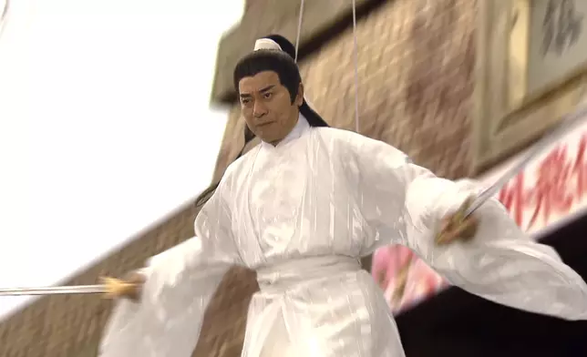 KC化身楚留香，手持利劍從城牆上飛下來英雄救美。