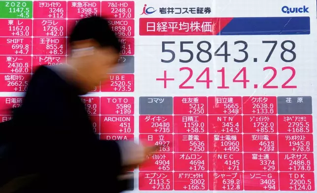 一名途人走過東京顯示日本日經指數的電子股價板。攝於2026年4月8日周三。(美聯社圖片/Yuya Shino/共同社) AP圖片