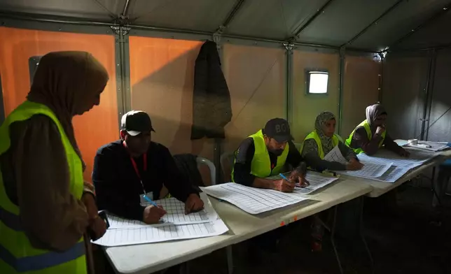 2026年4月25日周六，加沙中部迪爾巴拉赫，選舉委員會在地方選舉期間整理候選人名單。這是加沙二十年來首次地方選舉，亦是以色列—哈馬斯戰爭爆發以來，被佔領約旦河西岸首次地方選舉。(美聯社圖片/Abdel Kareem Hana) AP圖片
